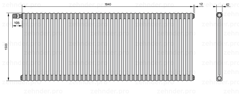 Схема (чертеж) Радиатор Zehnder Charleston 2150/40 №V012 Белый глянцевый RAL 9016
